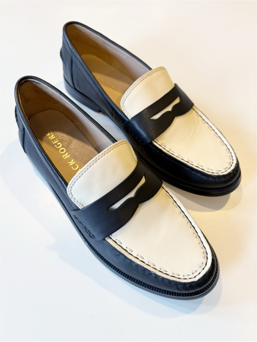 Jack Rogers || Tipson Contrast Penny Loafers Leather Flats Black Ivory 8.5
